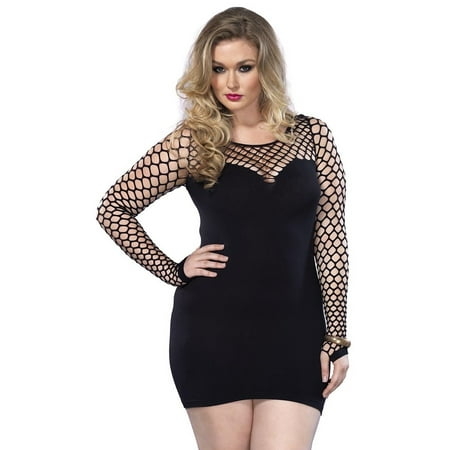 Women's Plus Size Seamless Mini Dress with Diamond Net Bodice and Sleeves, Black, One Size