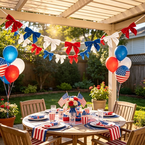 CaiYueKe Red White Blue Velvet Bow Garland, Patriotic Bow Bunting, 4th of July Party Decor, Festive Holiday Hanging, Independence Day Decoration, Home Mantel Wall Decor, Velvet Bow String Decor