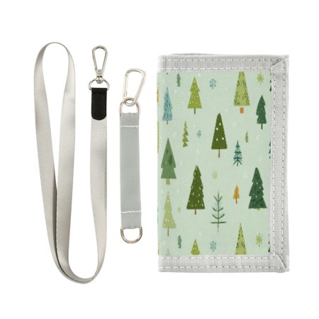 Cloth Wallet with Lanyard & Multiple Compartments Fashion Purse Zipper Clutch Bag for Cash Cards Coins Green Christmas Trees and Snowflakes