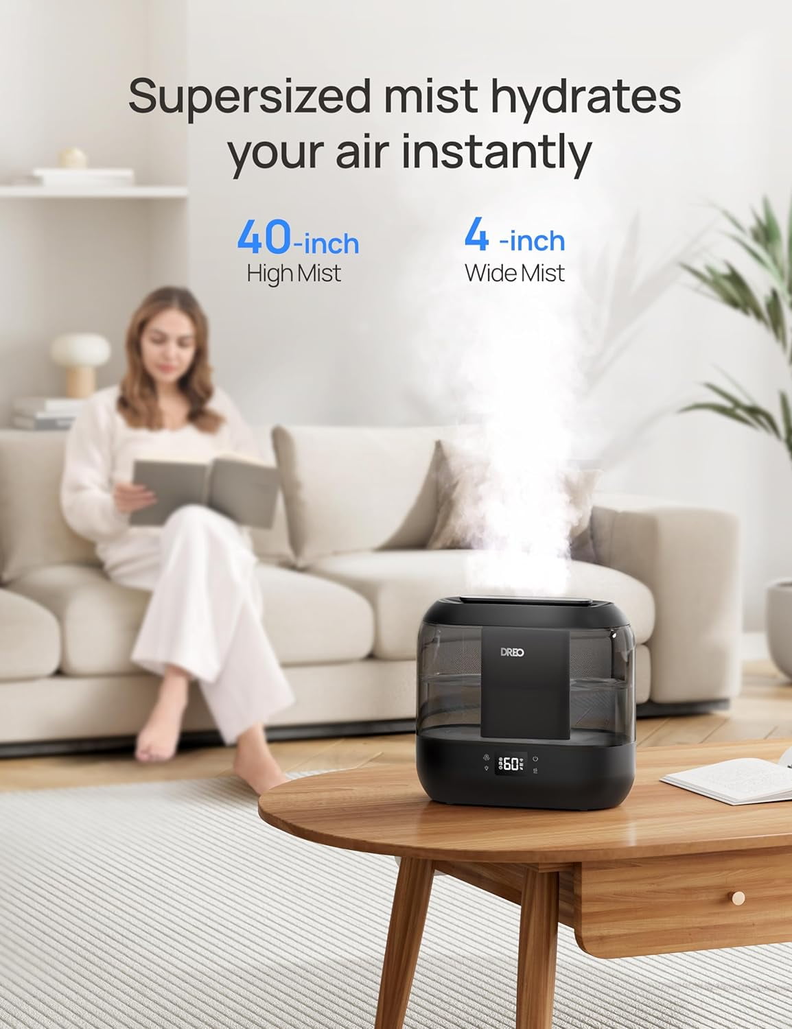Humidifier for Bedroom, Top Fill 4L Large Room with 28dB Quiet, 36H Runtime, Touch/APP/Voice Control, Cool Mist for Plants