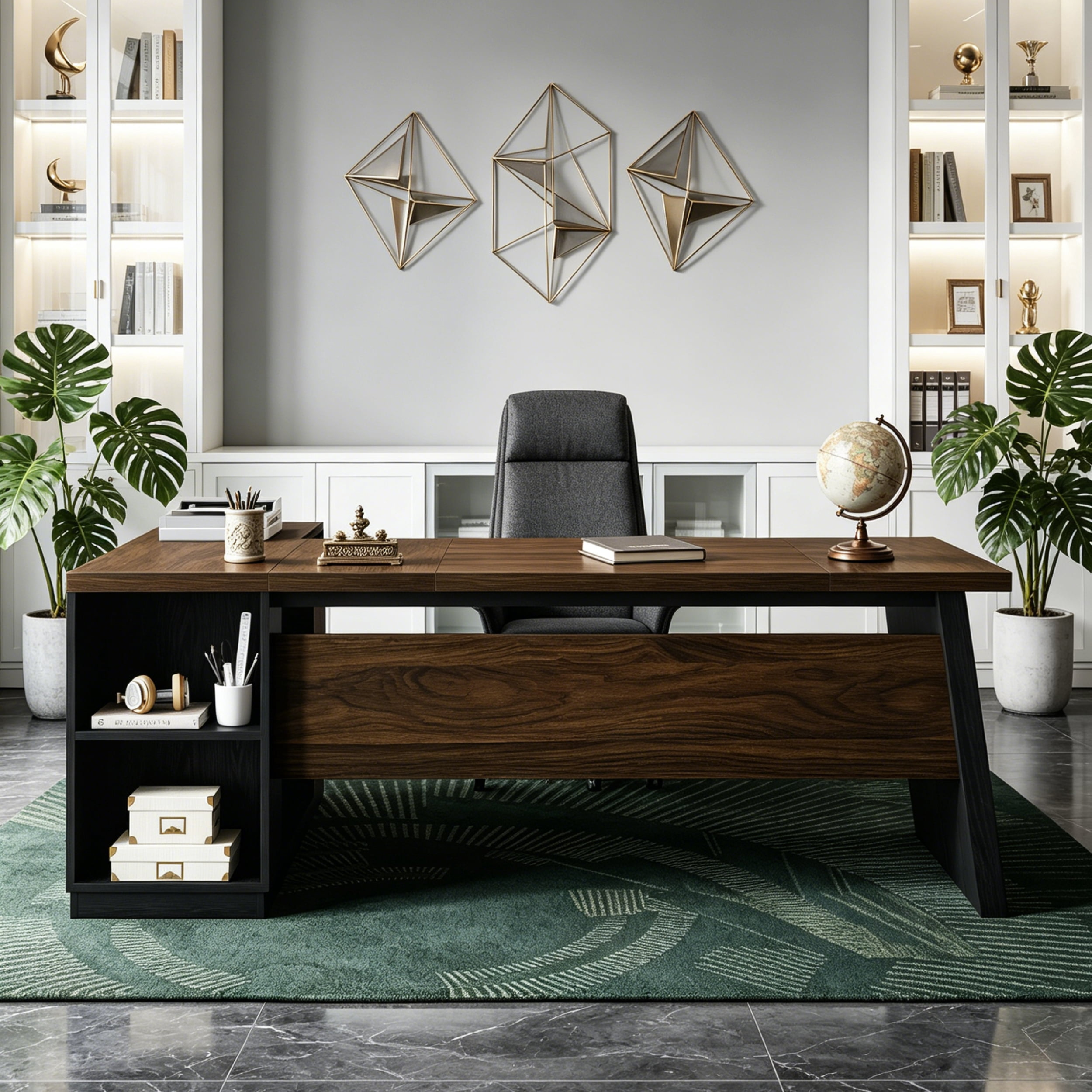 Fnova 77" Large L-Shaped Executive Office Desk with File Drawers and Storage Shelves, Modern Computer Desk Writing Desk for Home Office