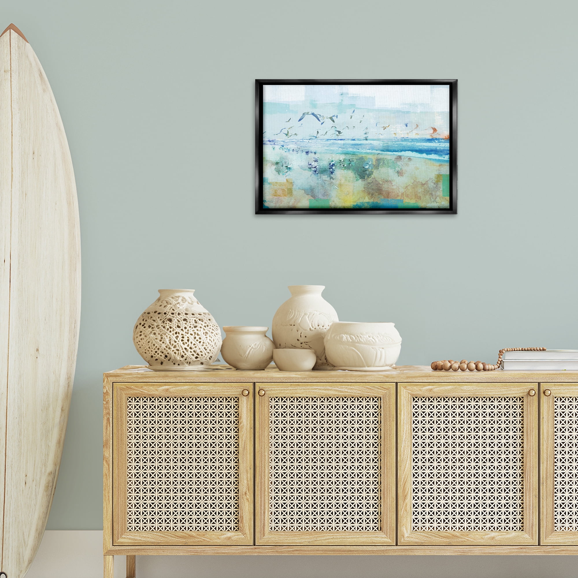 Stupell Industries Abstract Birds Over Beach Abstract Painting Black Floater Framed Canvas Art Print Wall Art, 25 x 17