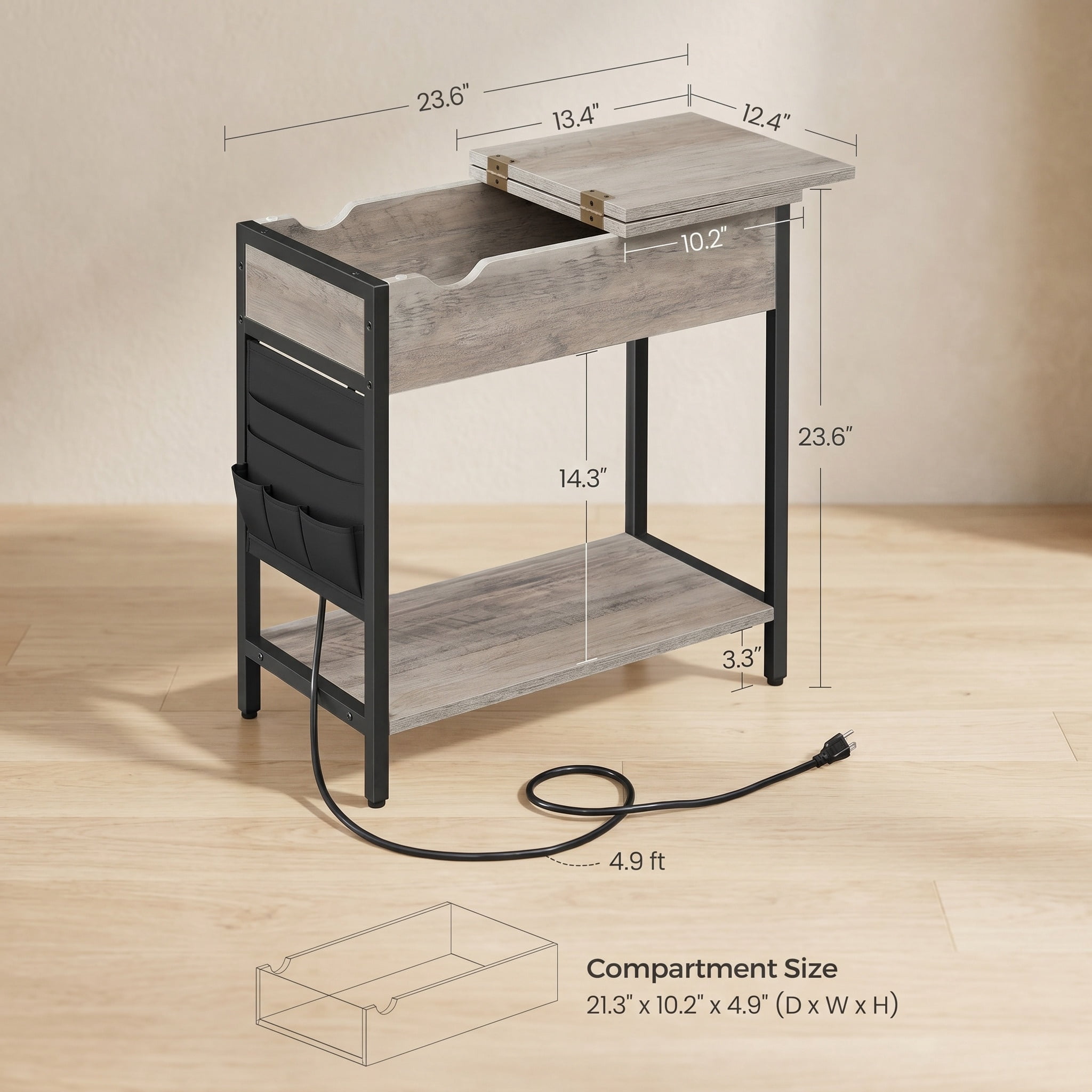 Greige and Black Industrial Side Table with Built-In Charging Station, USB Ports, and Side Fabric Storage Pockets