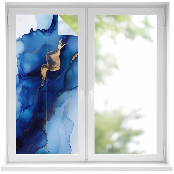 Marble Blue Window Privacy Film Modern Abstract Gradient Cracked Golden Line Decorative Glass Window Film UV Blocking Static Cling Non-Adhesive Sticker Covering for Home Door 19.6 x 39.3 inches