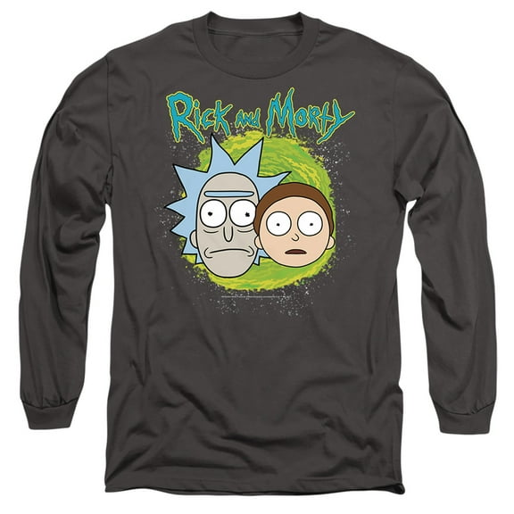Rick and Morty Floating Heads Unisex Adult Long-Sleeve T Shirt, Charcoal, 2X-Large