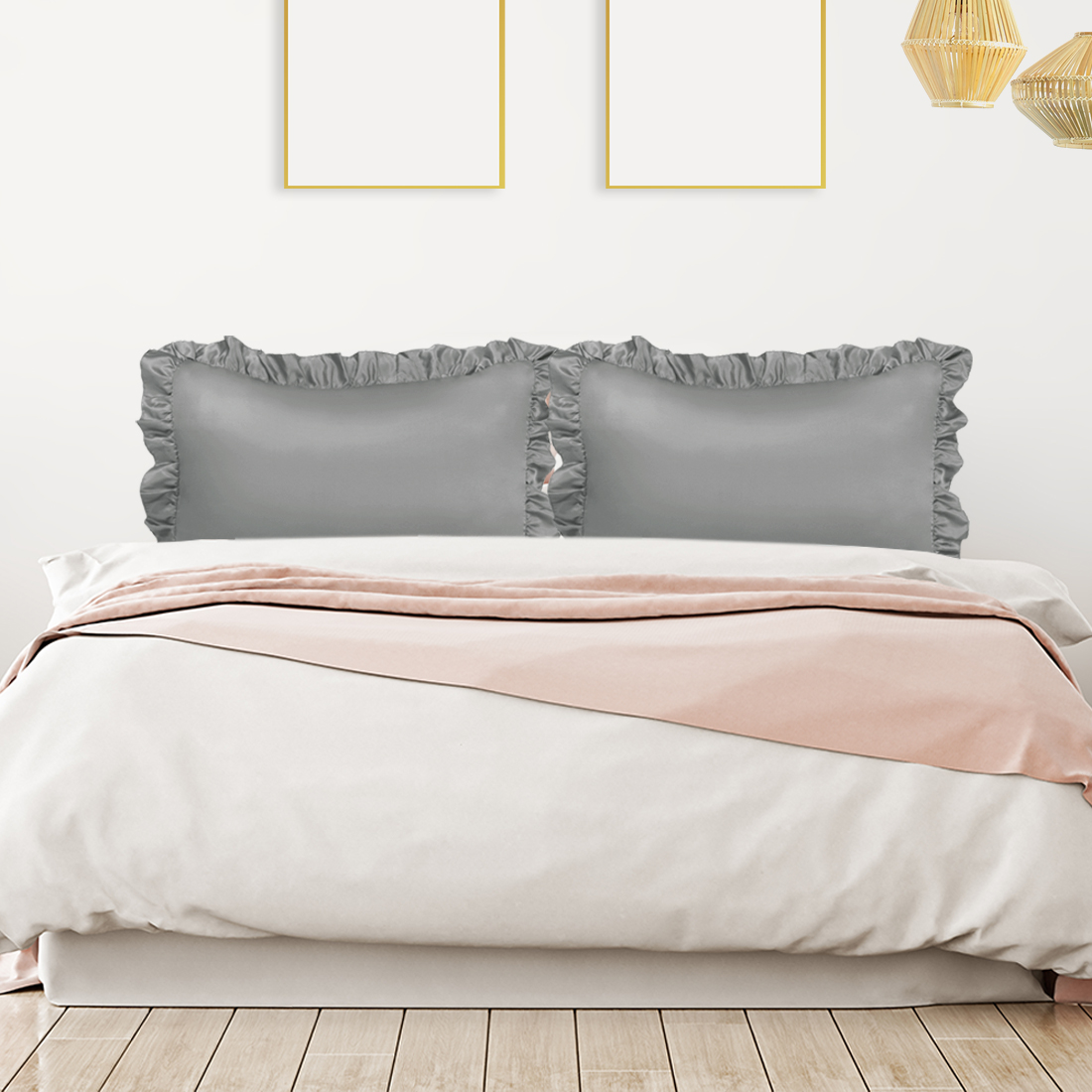 Unique Bargains 4-Piece Satin Ruffled Edge Pillow Shams, King, Deep Grey