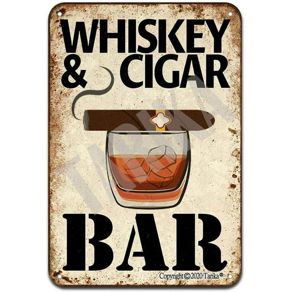 Whiskey and Cigar Bar Metal 20X30 cm Retro Look Decoration Poster Sign for Home Kitchen Bathroom Farm Garden Garage Inspirational Quotes Wall Decor