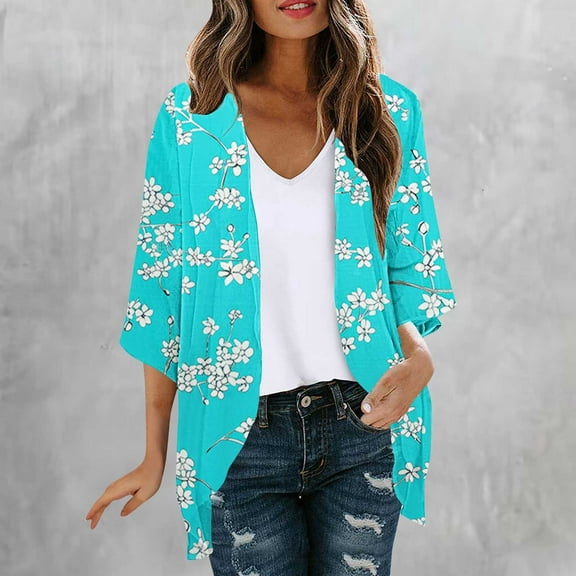 Abomasnow Kimono Cardigans for Women Spring Summer Shrugs Boho Floral Print 3/4 Sleeve Tropical Outfits Vacation Beach Cover Ups for Women