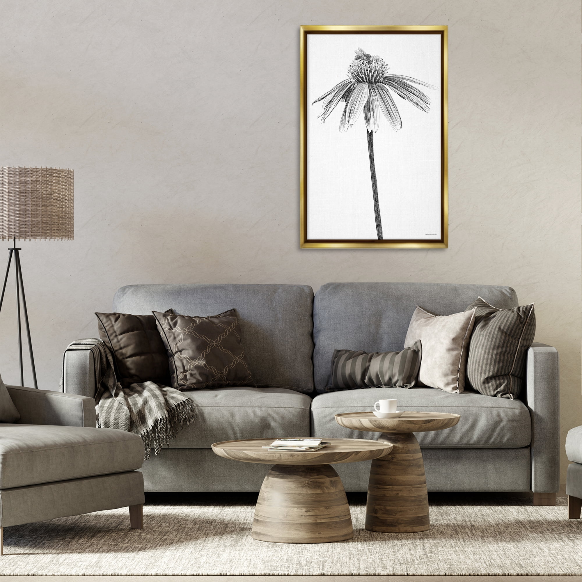 Stupell Industries Simple Daisy Sprig Botanical & Floral Drawing Gold Floater Framed Art Print Wall Art, 21 x 31