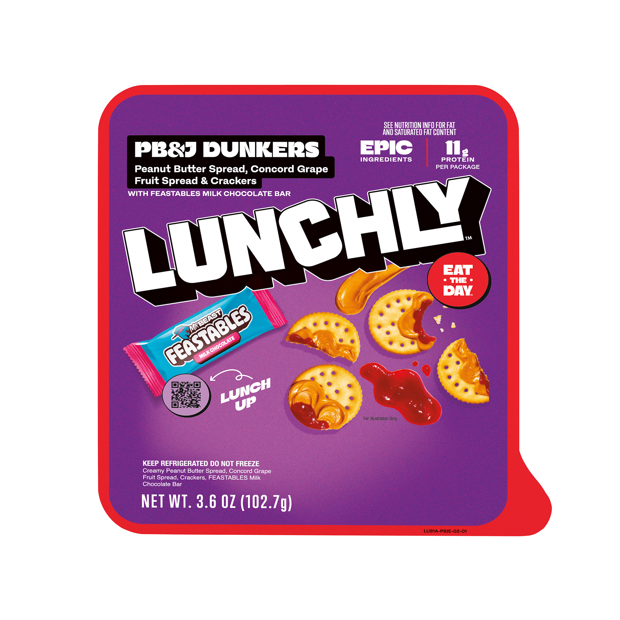 LUNCHLY PB&J Dunkers Snack Kit with Feastables Milk Chocolate Bar, 11g Protein, Refrigerated, 1 Snack Kit