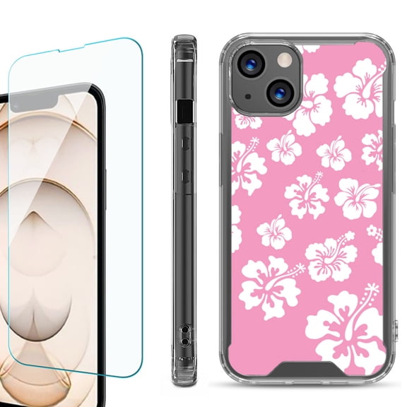 Shockproof Bumper Phone Case for iPhone 13, with Tempered Glass Screen Protector, by OneToughShield ® - Hibiscus Pink
