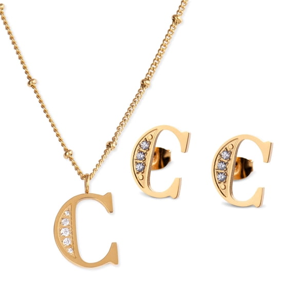 Juego Joyería Mujer, Collar Aretes Inicial Letras LuckyLy, Acero Inoxidable Baño de Oro 18k dorado UNITALLA
