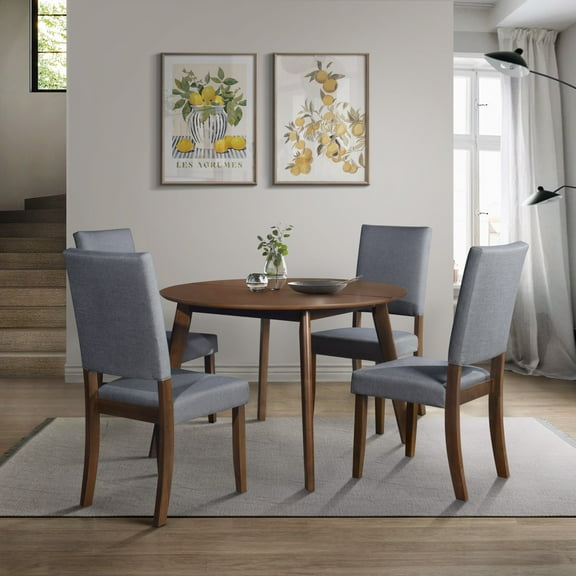 Home Design Laurel 5-Piece Dining Set with Round Split-Top Table and Linen-Upholstered Cushioned Chairs, Tapered Legs, Flared Back, Modern-Traditional Style, Brown/Gray