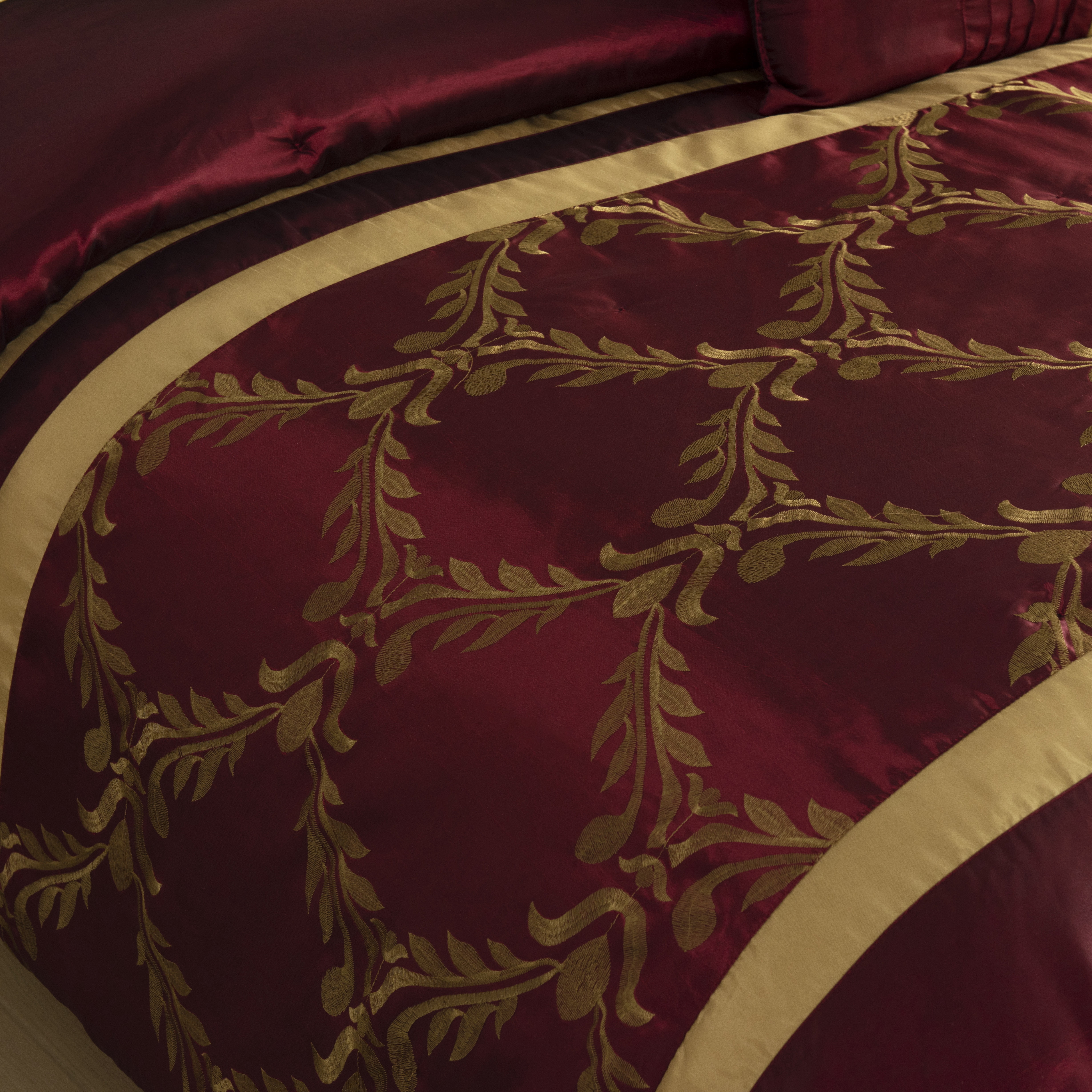 Foliage Embroidery 7-Piece Comforter Set in Burgundy & Gold, Includes Bed Skirt - Queen Size Luxury Bedding