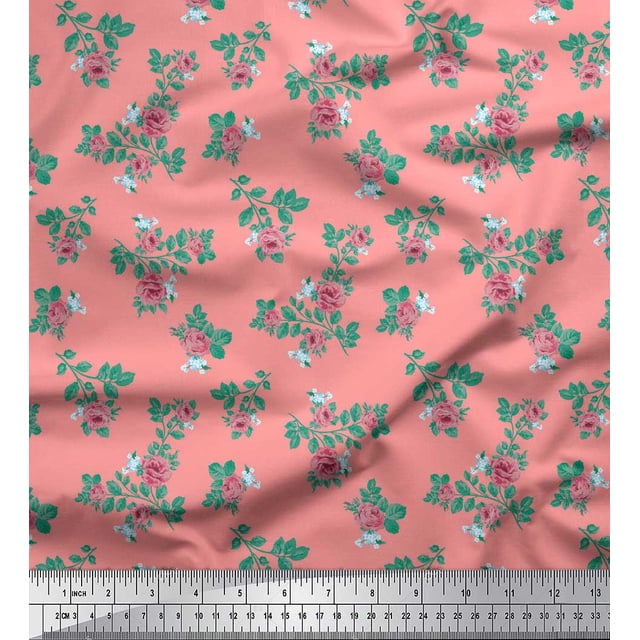 Soimoi Poly Georgette Fabric Leaves & Rose Floral Print Sewing Fabric Yard 52 Inch Wide