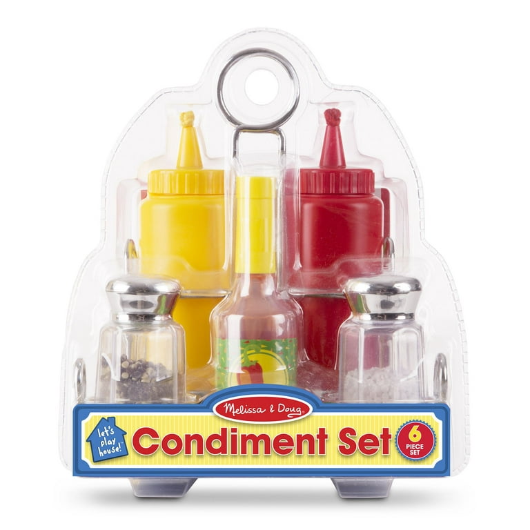 Melissa & Doug Condiments Set (6 pcs) - Play Food, Stainless Steel Caddy