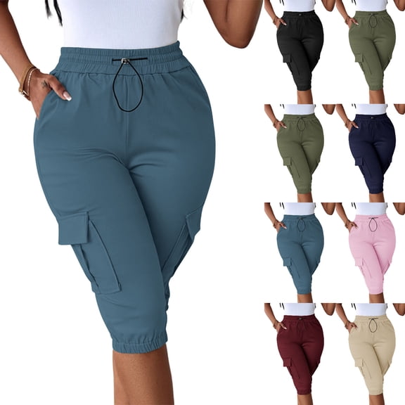 Tumotour Summer Cargo Shorts For Women'S Casual Straight-Leg Shorts Elastic High Waisted Drawstring Knee Length Bermuda Shorts With Flap Pockets