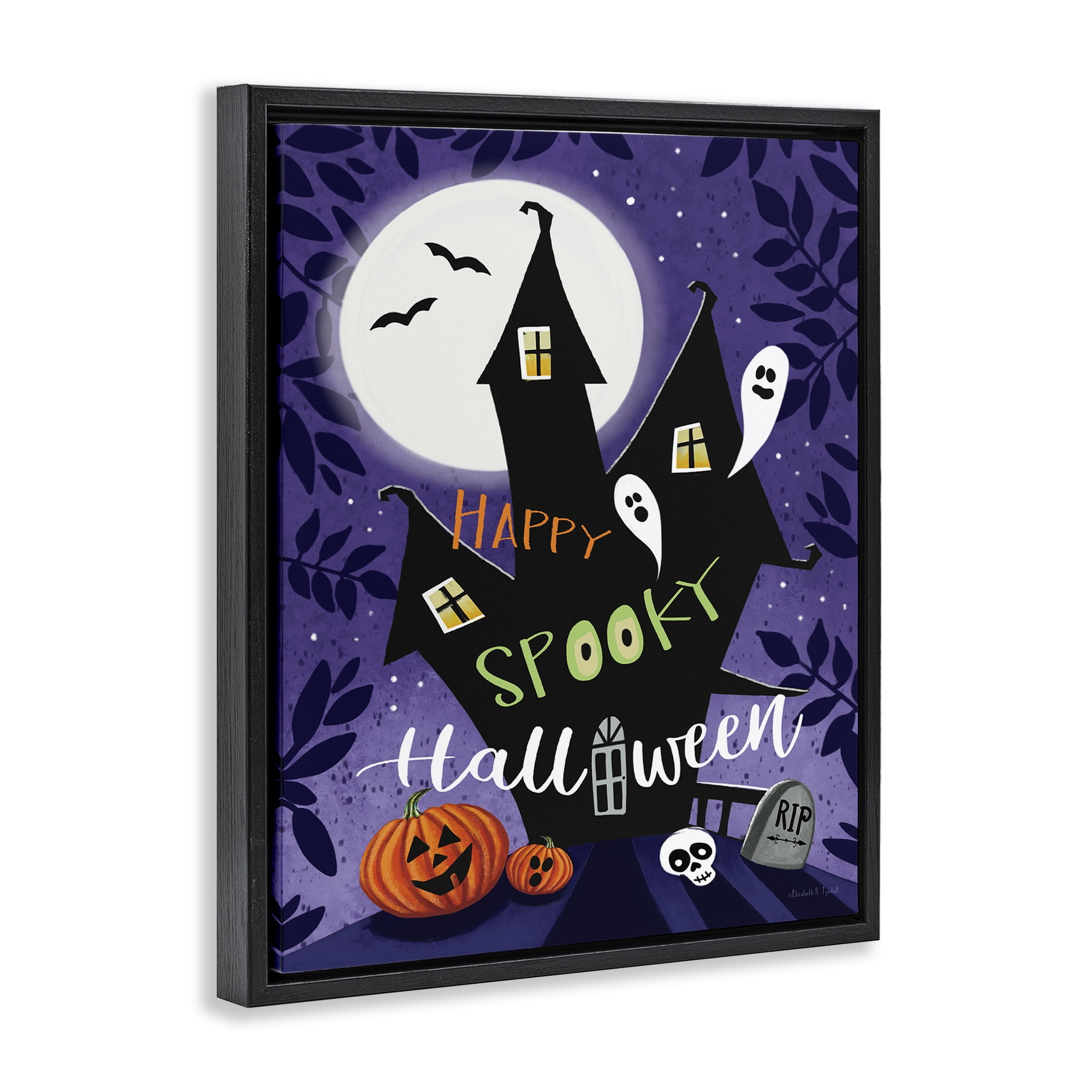 Stupell Industries Spooky Halloween House Holiday Painting Black Floater Framed Canvas Art Print Wall Art, 17 x 21