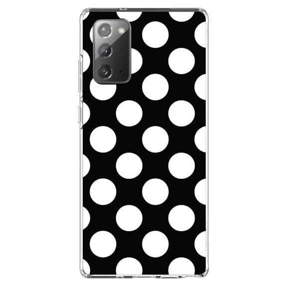 DistinctInk Clear Shockproof Hybrid Case for Samsung Galaxy Note 20 (6.7" Screen) - TPU Bumper, Acrylic Back, Tempered Glass Screen Protector - White & Black Polka Dots