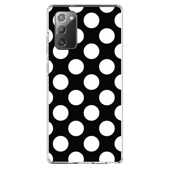 DistinctInk Clear Shockproof Hybrid Case for Samsung Galaxy Note 20 (6.7" Screen) - TPU Bumper, Acrylic Back, Tempered Glass Screen Protector - White & Black Polka Dots