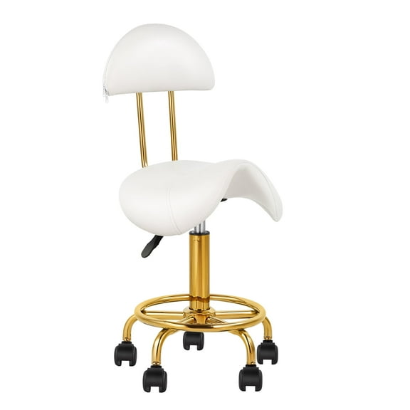 Saddle Chair Salon Stool Rolling Ergonomic Swivel Chair with Soft Comfortable Cushion and Wheels Hydraulic Stool for Home Office Tattoo Salon Shop Use White, with Backrest Gold