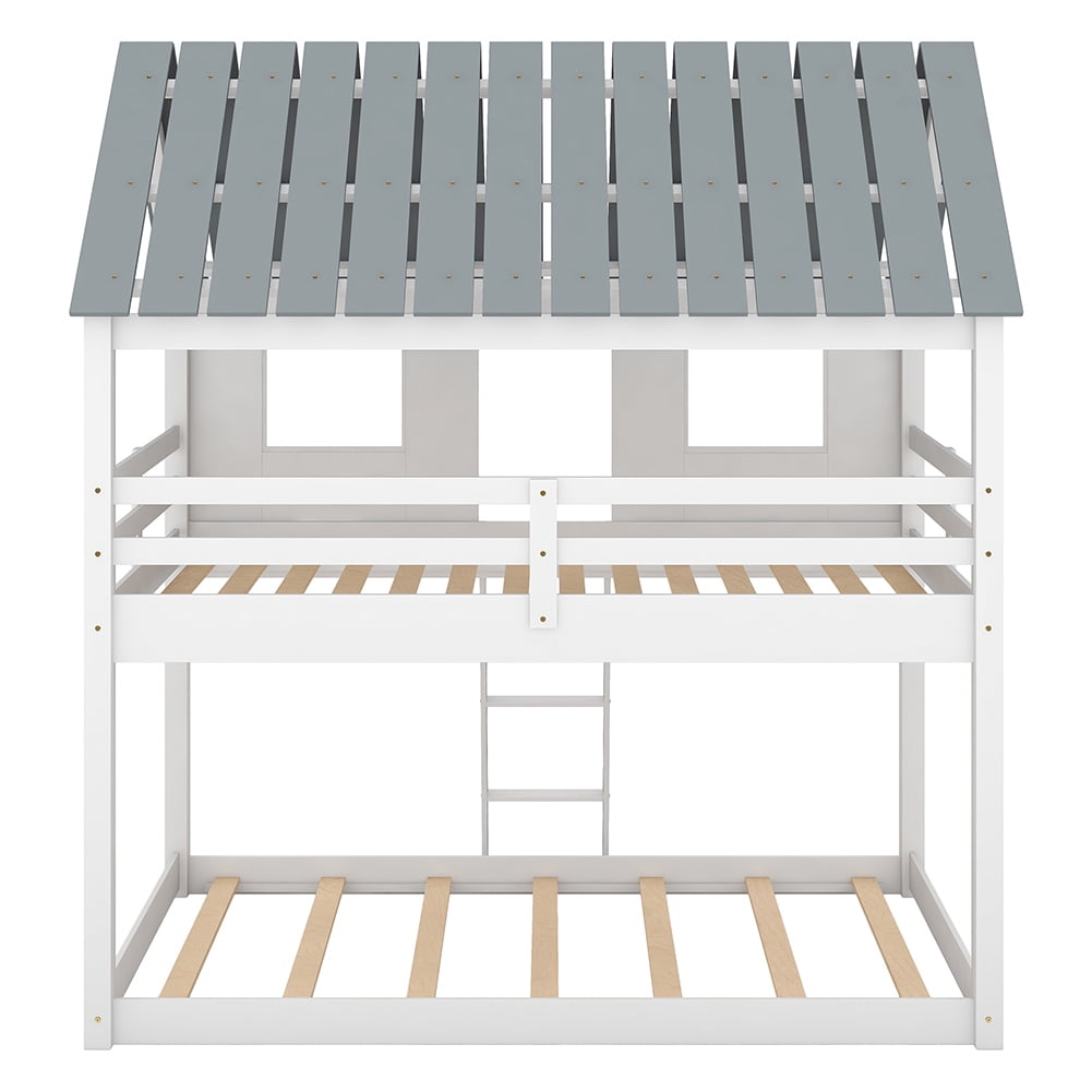 Kadyn Twin over Twin Size Low Bunk Beds with Roof and Fence-shaped Guardrail, White