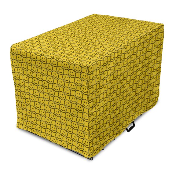 Emoticon Dog Crate Cover, Smiling Faces Expressing Happiness in Diagonal Joyful, Easy to Use Pet Kennel Cover for Medium Large Dogs, 35" x 23" x 27", Dark Army Green and Yellow, by Ambesonne