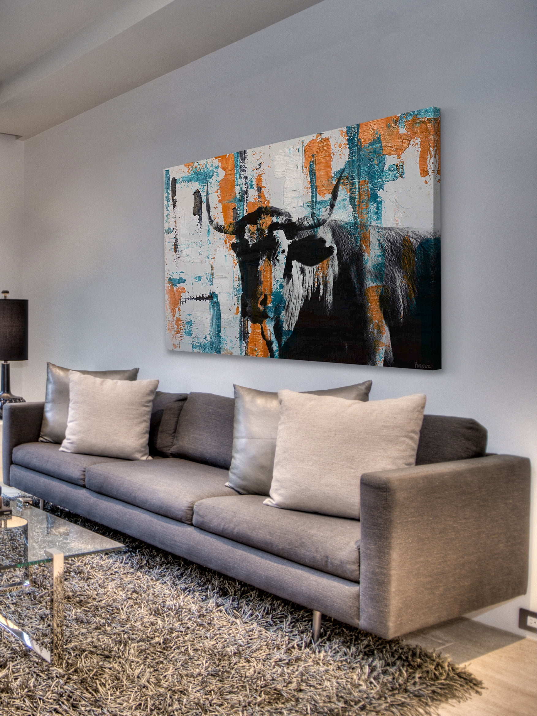 "Orange Teal Steer" Painting Print on Wrapped Canvas