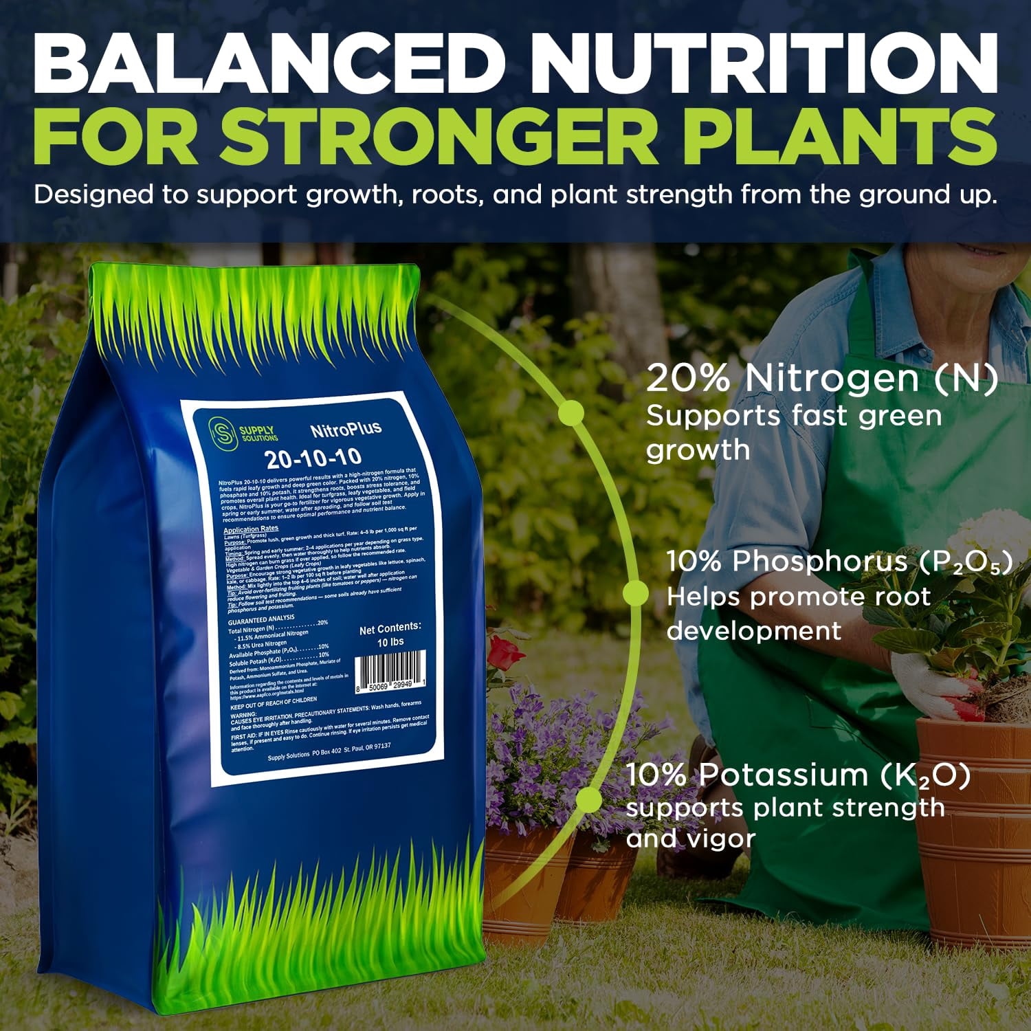 Supply Solutions NitroPlus 20-10-10 Fertilizer for Lawns and Gardens, All Purpose Lawn Fertilizer and Garden Fertilizer, Outdoor Plant Food with Nitrogen Phosphate and Potash Blend (10 Pounds)