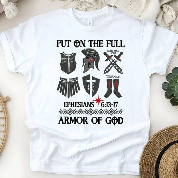 Christian Armor of God T-Shirt – Ephesians 6:13-17 Graphic Tee with Full Armor Illustration , White, Size S