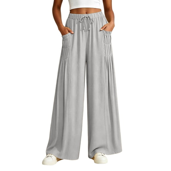 CHGBMOK Women's Plus Size Palazzo Pants Elastic High Waist Drawstring Wide Leg Pants Flowy Floor-Length Trousers with Pockets Loose Casual Pants