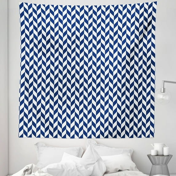 Herringbone Tapestry, Diagonal Style Repeating Pattern Composition of Repeatable Rhombuses, Fabric Wall Hanging Decor for Bedroom Living Room Dorm, 5 Sizes, White and Night Blue, by Ambesonne