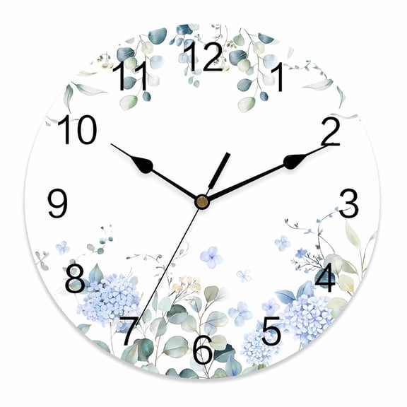 Wall Clock 12 Inch Blue Floral Hydrangeas Round Silent Decorative Wall Clocks Battery Operated for Living Room Bedroom Kitchen Classroom Decor, Rustic Green Leaves White,Large