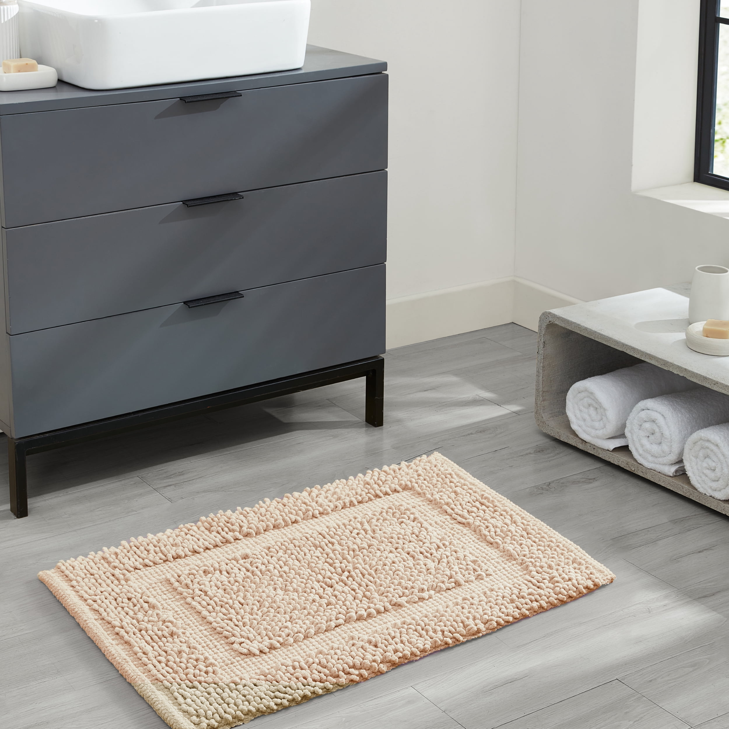 Jean Pierre New York Sophie Border 100% Cotton Bath Mat - Non-Slip Bath Rug - Ivory - 17" x 24"