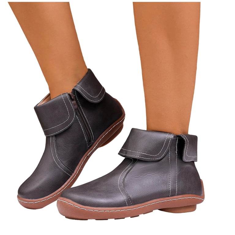 Women Fold Over Ankle Boots, Side Zipper Soft Faux Leather Short