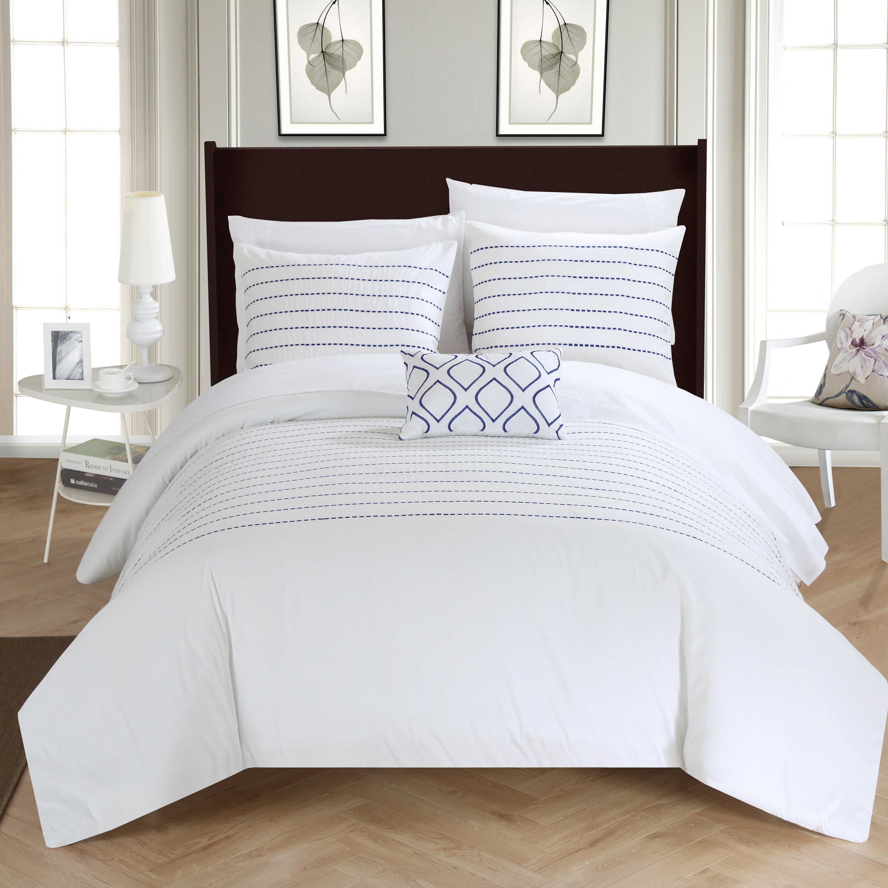 Chic Home Kingston 4Piece Embroidered Duvet Cover Set, Queen, White