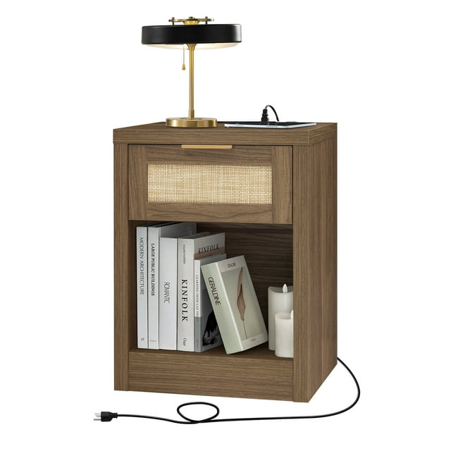 OAKHAM Rattan Nightstand with Charging Station, Bedside Table with Type-C/USB Port, Boho Side Tables End Table for Living Room, Bedroom, Special Walnut
