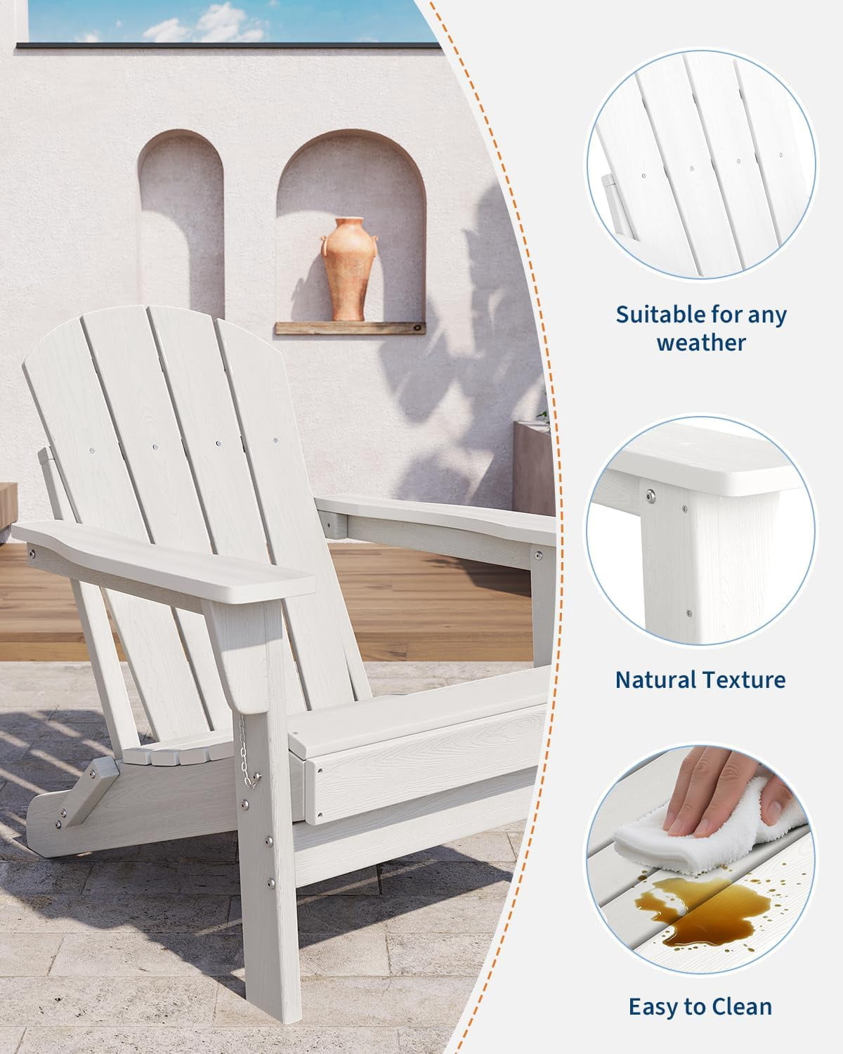 Folding Adirondack Chairs Set of 2, HDPE Plastic Outdoor Chairs with Wood Texture 380 LBS & Weather Resistant for Fire Pit, Deck, Patio, Pool, Backyard White