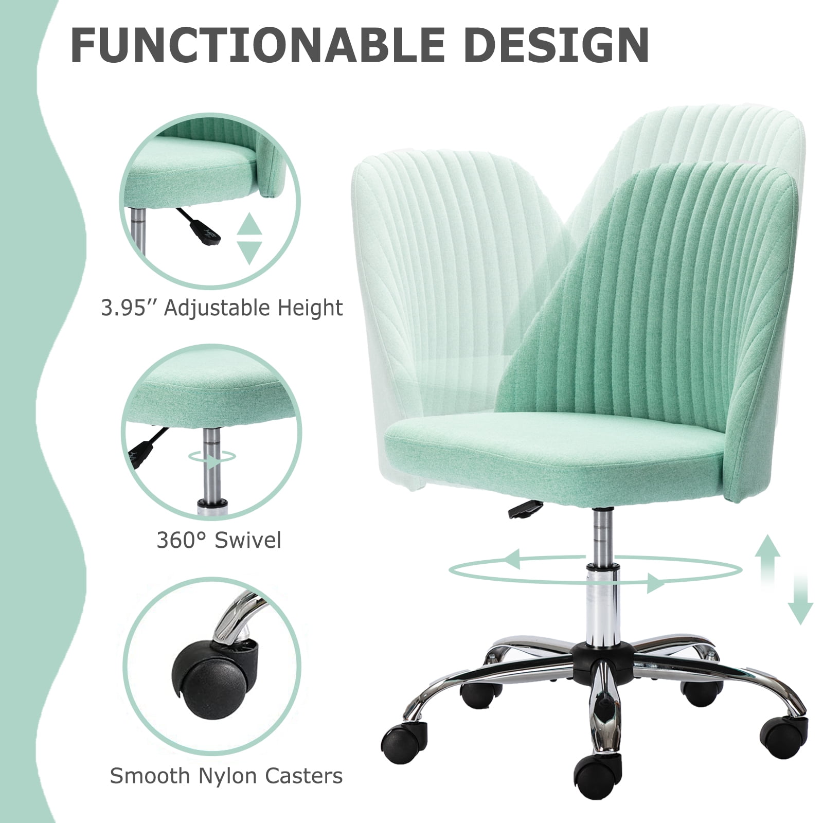 edx Vanity Chair, Armless Desk Chair with Wheels, Adjustable Swivel Fabric Makeup Chair, Comfortable Home Office Task Computer Chair, Green