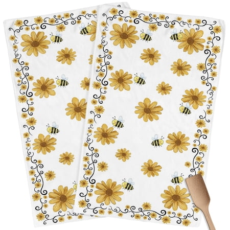Kitchen Towels Set of 2 Yellow Daisy Bee Dish Towels and Dishcloths Sets Tea Towel Sunflower Vines Frame Absorbent Hand Towels for Kitchen Bathroom Drying Cleaning Baking Home Decor