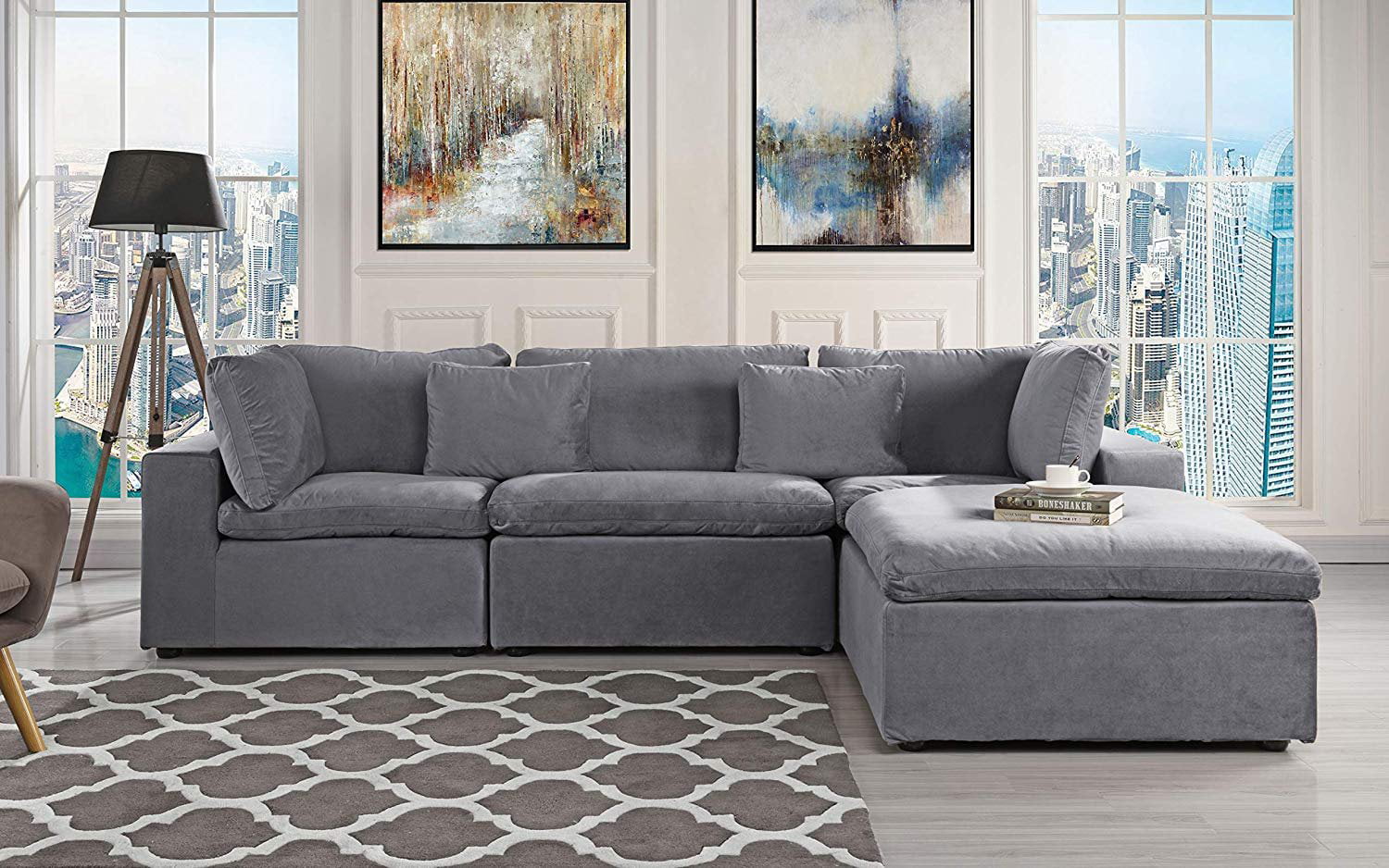 Large Configurable Microfiber Velvet Sofa L-Shape Couch, Dark Grey