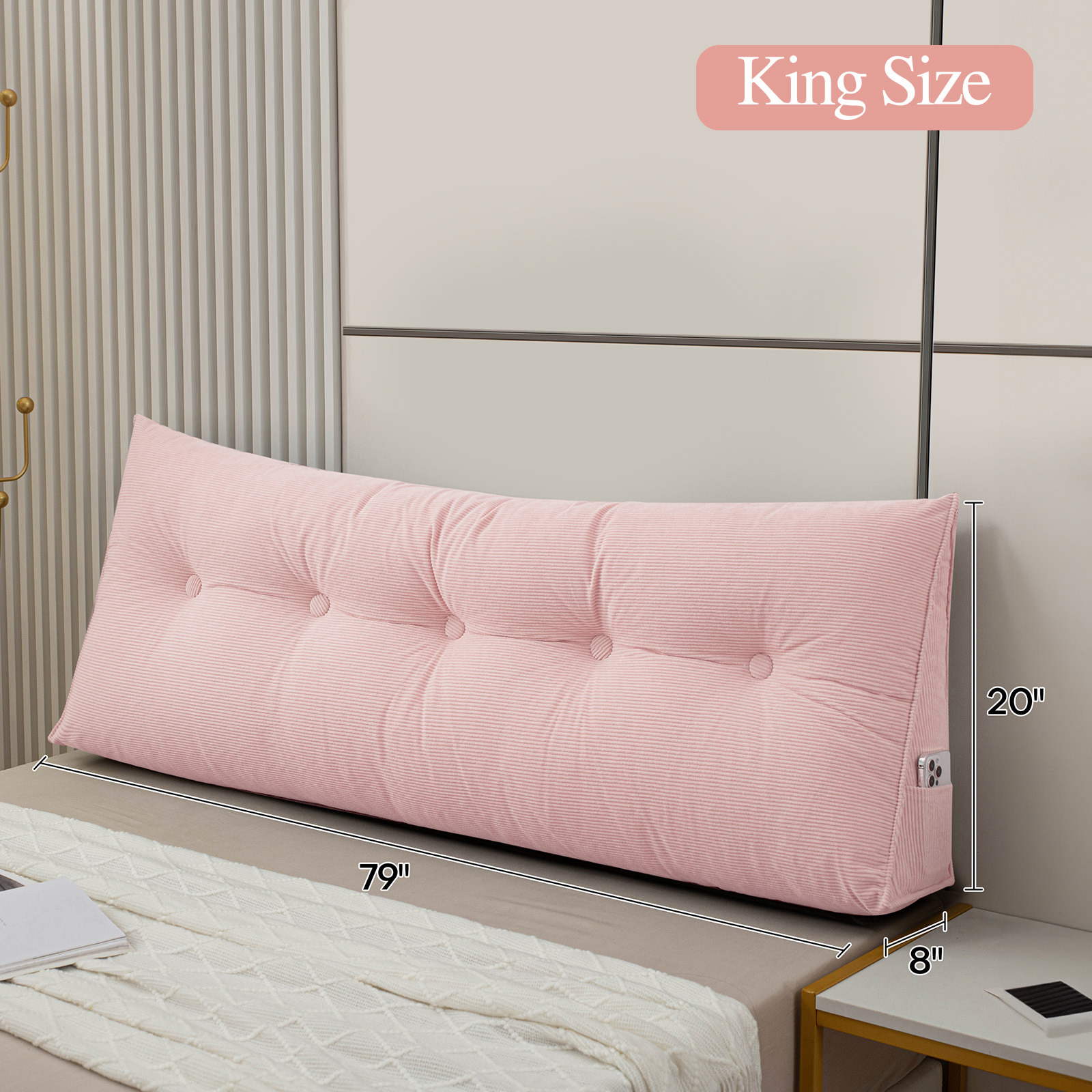 ANMINY Bed Wedge Pillow for Headboard Gap Reading Lumbar Back Rest Support Pillow for Bed Sofa Large Long Pillow with Side Pockets Removable Cover, 79"x20", Pink