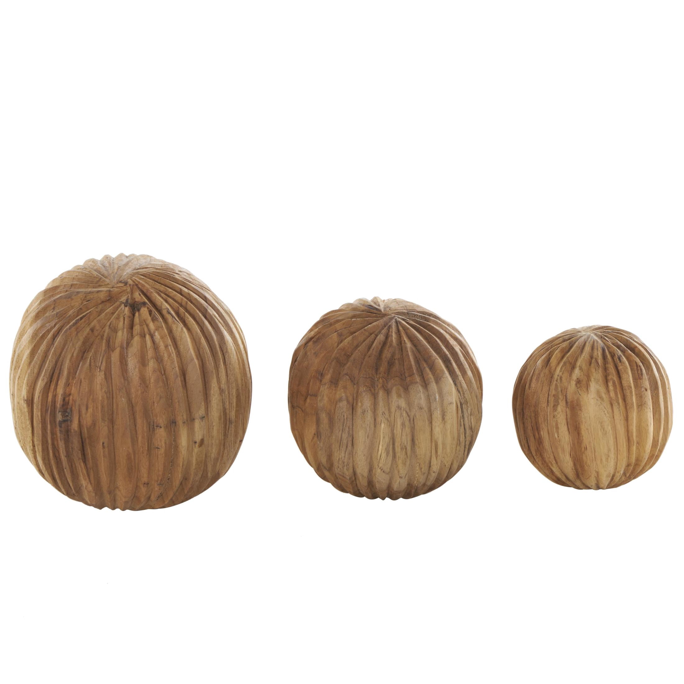 DecMode Brown 6" Handmade Carved Textured Teak Wood Orbs & Vase Filler with Wavy Ridges (3 Count)