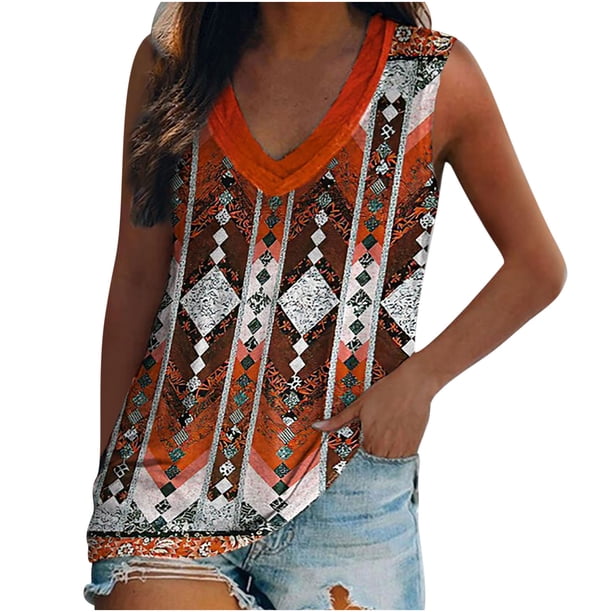 Blusa sin mangas con cuello en V para mujer de moda Camiseta con estampado retro étnico Tops sueltos Fridja qr5226