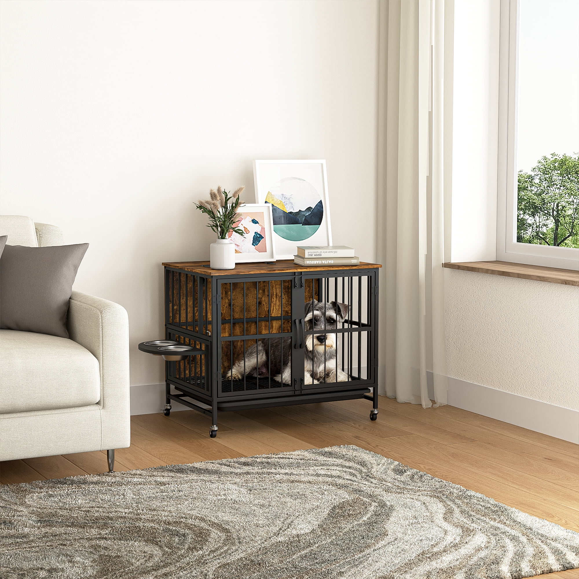 Pefilos 31" Dog Crate with Feeding Bowl, Wheels, Flip-Up Top Opening Kennel with Trays, Furniture Style Dog Cage for Indoor Dogs, Brown Pefilos 31" Dog Crate with Feeding Bowl, Wheels, Flip-Up Top Opening Kennel with Trays, Furniture Style Dog Cage for Indoor Dogs, Brown