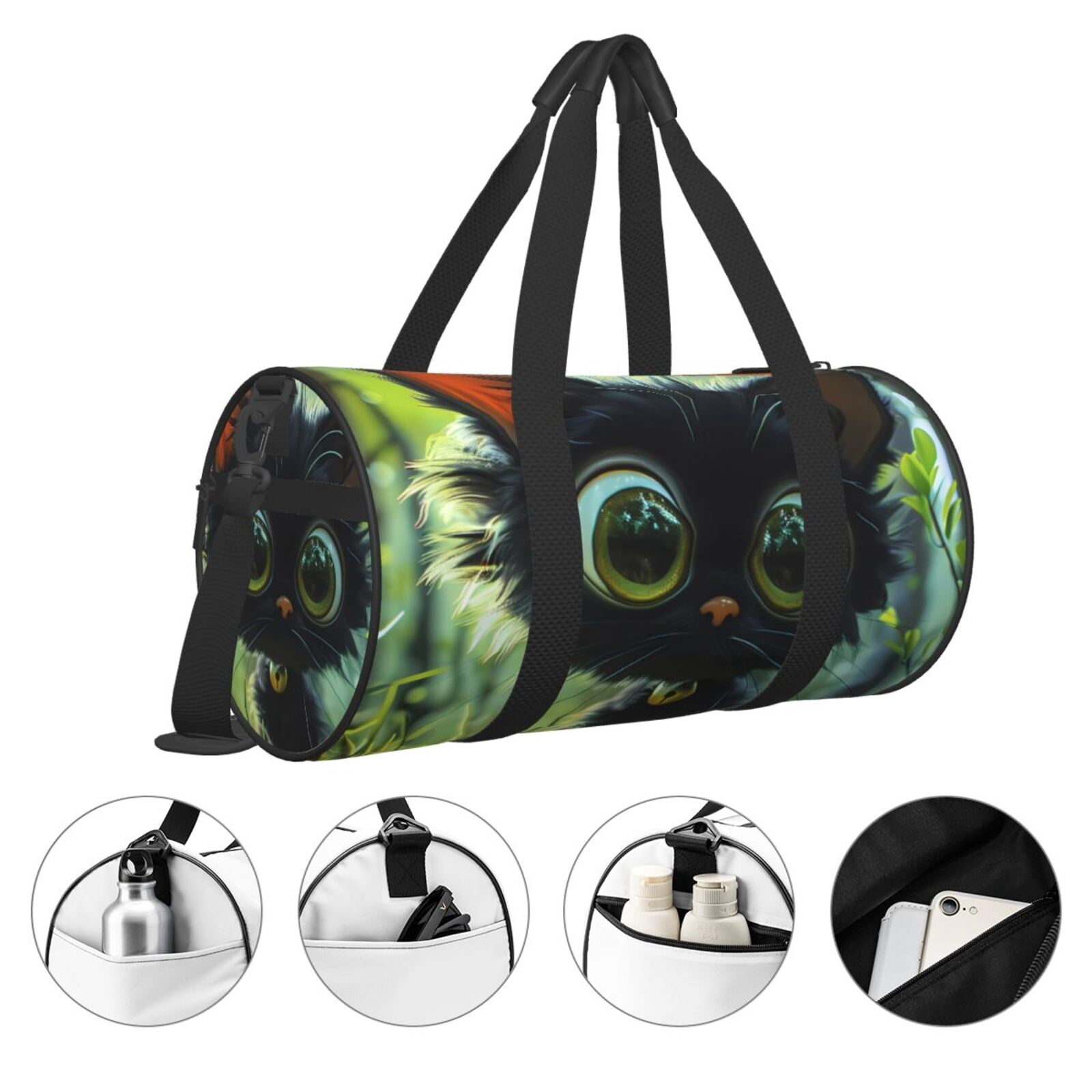 Defioc Cute Big-Eyed Black Cat for Travel Duffle Bag,Weekender Bag Carry On Tote Bags Hospital Bag Large Capacity Sport Gym Bag for Men Women Fit for Trave, Gym,Weekend