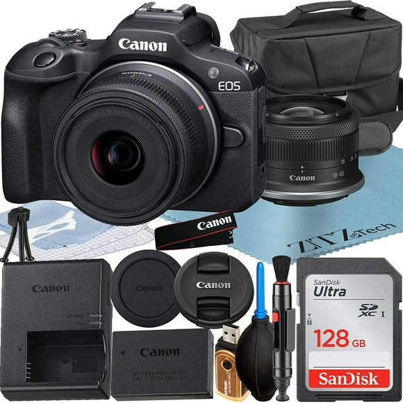Canon EOS R100 Mirrorless Camera with RF-S 18-45mm Lens + SanDisk 128GB Memory Card + Case + ZeeTech Accessory Bundle