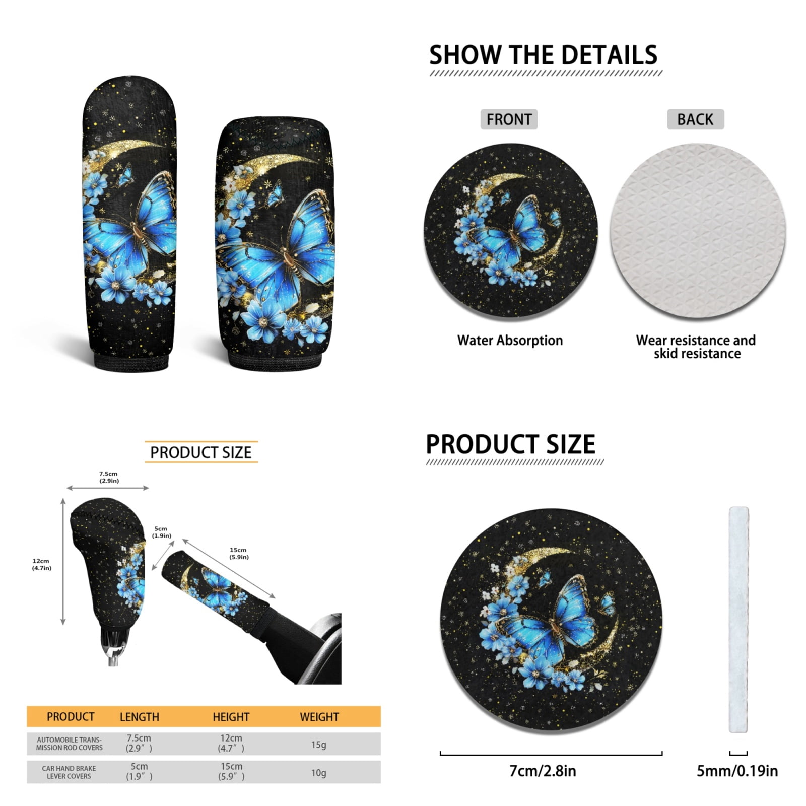 Yuyamidu Blue Butterfly Car Seat Cover Split Covers Moon Car Carpet Mats Blue Flower Steering Wheel Cover Seatbelt Pads Auto Handbrake Cover Set Coasters Auto Decor Set of 15