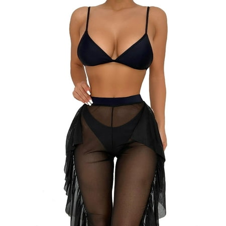 Black Solid Ruffle Sexy High Cut Women s Bikini Sets