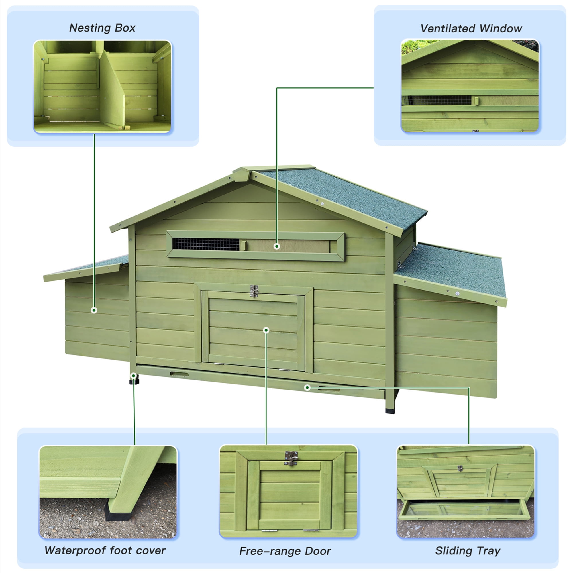 Aukfa 70" Large Chicken Coop Wooden 4 Nesting Boxes Chicken Cage for Outdoor, Backyard, Green
